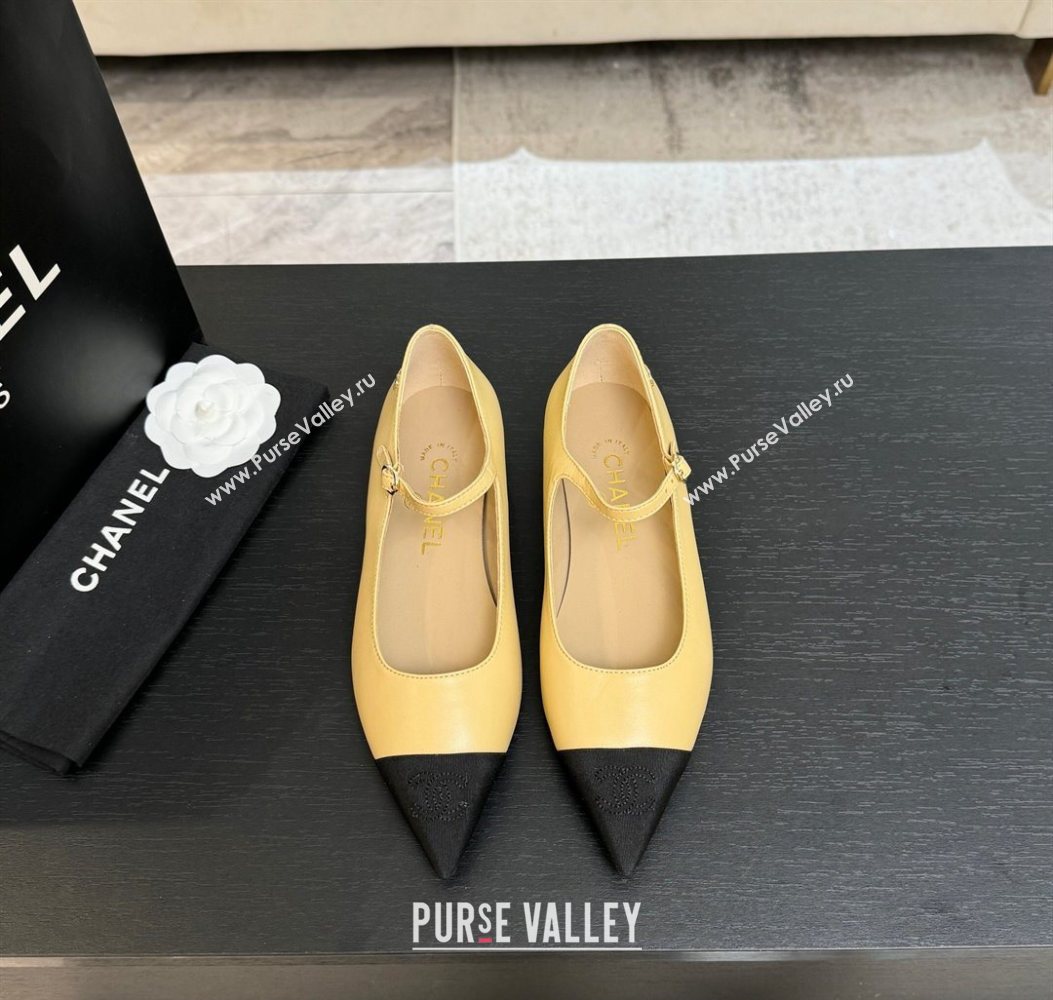 Chanel Lambskin Grosgrain Pointed Mary Janes Ballet Flats Beige Yellow 2025 G46849 (MD-251103043)
