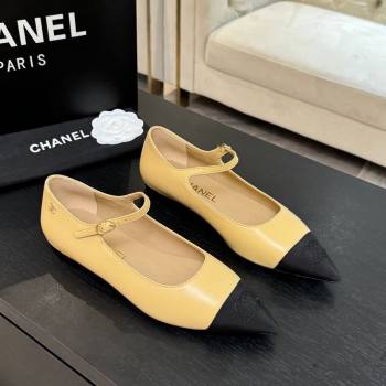 Chanel Lambskin Grosgrain Pointed Mary Janes Ballet Flats Beige Yellow 2025 G46849 (MD-251103043)