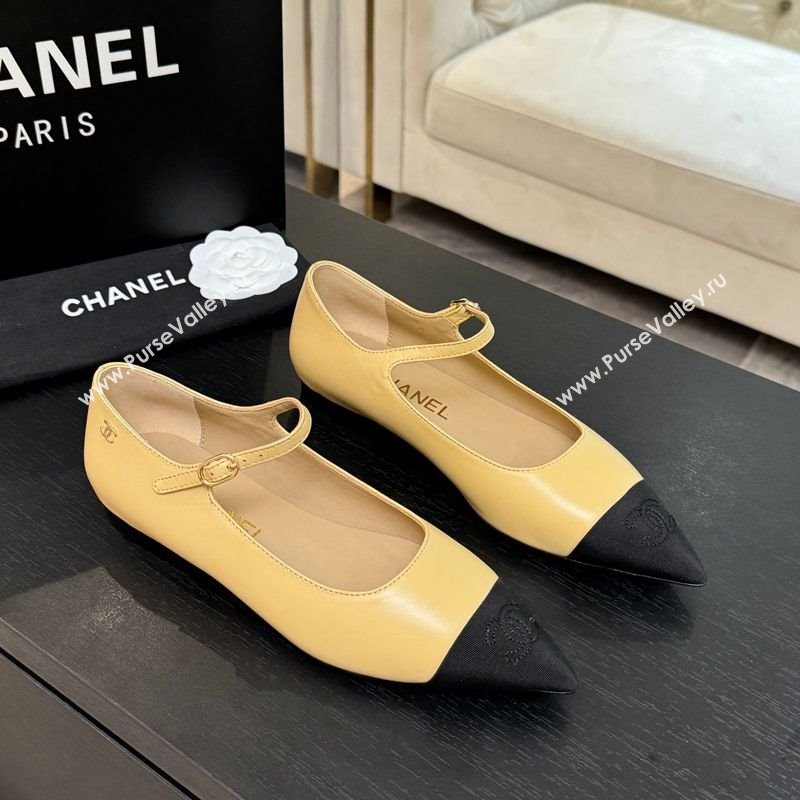 Chanel Lambskin Grosgrain Pointed Mary Janes Ballet Flats Beige Yellow 2025 G46849 (MD-251103043)