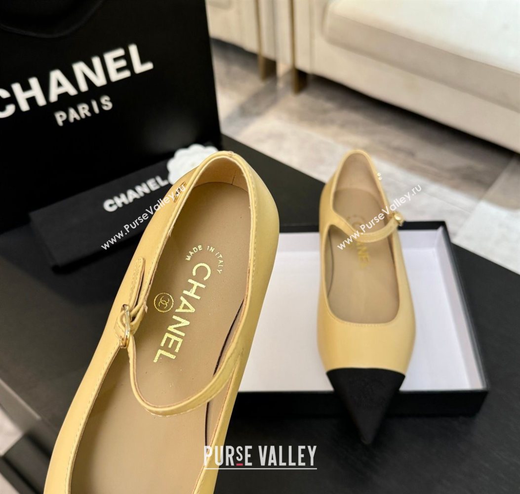 Chanel Lambskin Grosgrain Pointed Mary Janes Ballet Flats Beige Yellow 2025 G46849 (MD-251103043)