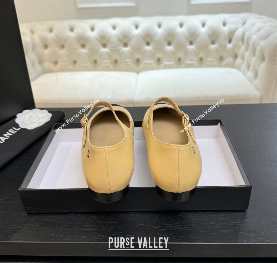 Chanel Lambskin Grosgrain Pointed Mary Janes Ballet Flats Beige Yellow 2025 G46849 (MD-251103043)
