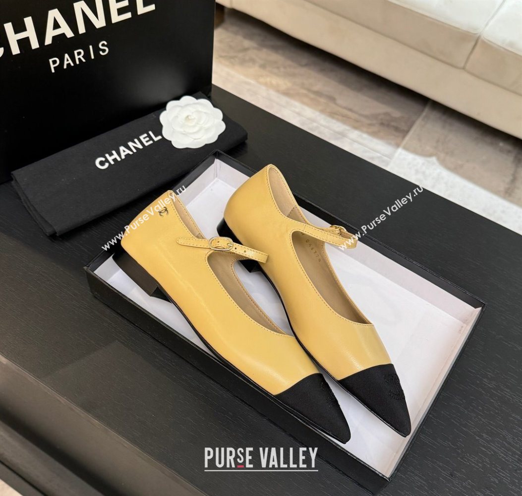 Chanel Lambskin Grosgrain Pointed Mary Janes Ballet Flats Beige Yellow 2025 G46849 (MD-251103043)