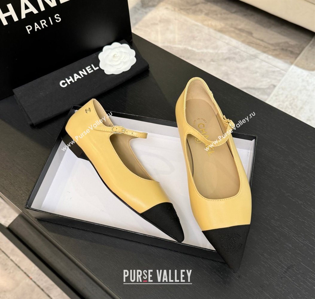 Chanel Lambskin Grosgrain Pointed Mary Janes Ballet Flats Beige Yellow 2025 G46849 (MD-251103043)