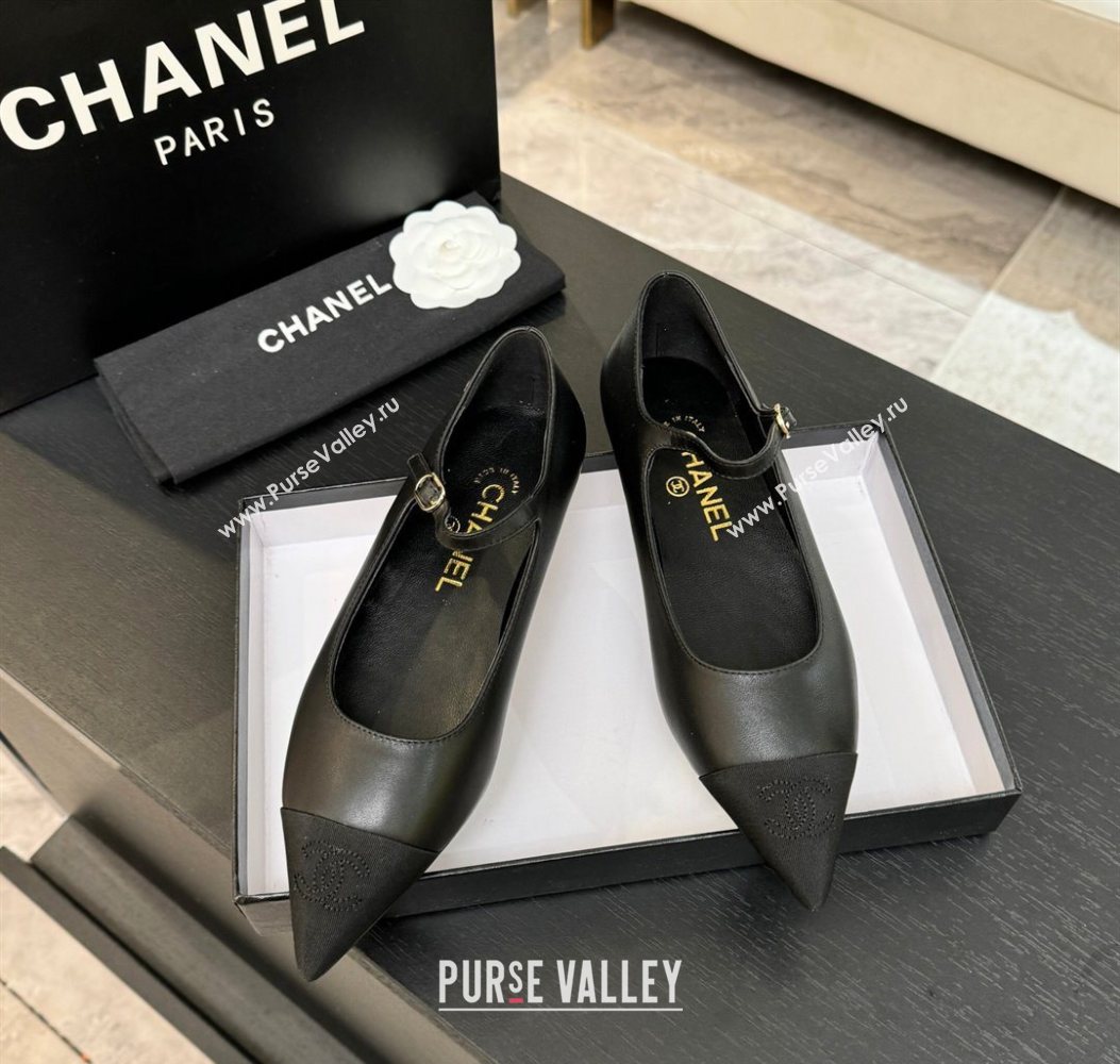 Chanel Lambskin Grosgrain Pointed Mary Janes Ballet Flats Black 2025 G46849 (MD-251103044)