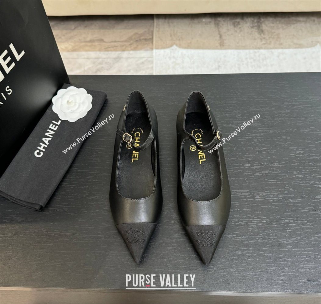 Chanel Lambskin Grosgrain Pointed Mary Janes Ballet Flats Black 2025 G46849 (MD-251103044)