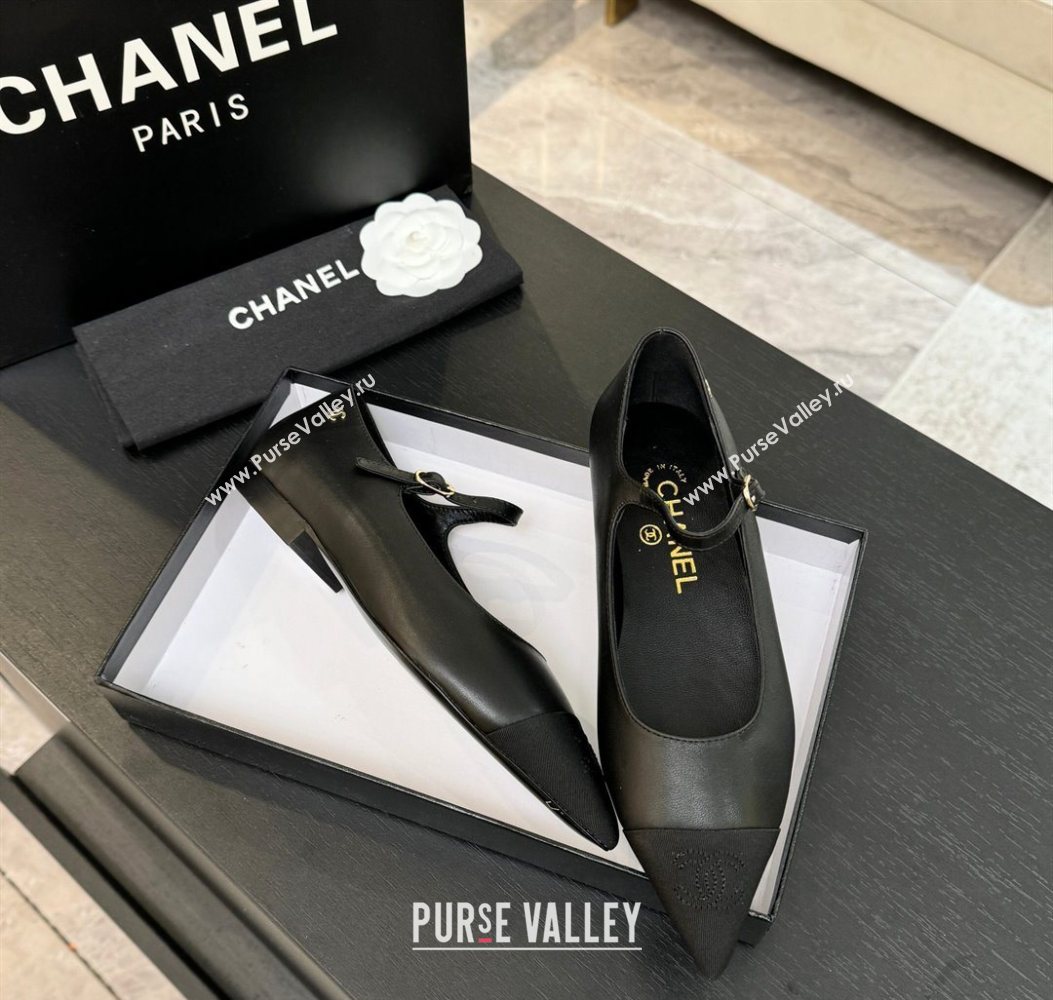 Chanel Lambskin Grosgrain Pointed Mary Janes Ballet Flats Black 2025 G46849 (MD-251103044)