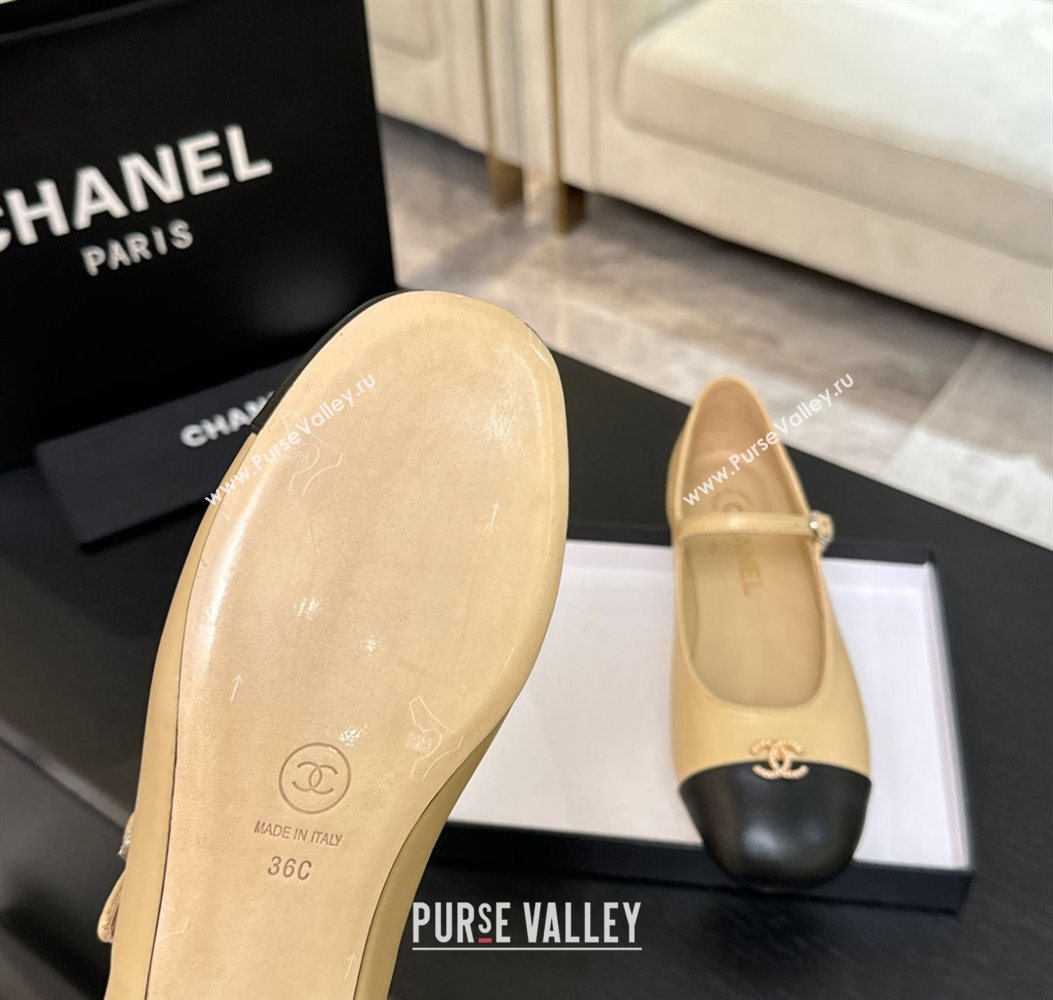 Chanel Lambskin and Calfskin Leather Mary Janes Ballets Flat with Strass CC Beige 2025 CH110301 (MD-251103009)