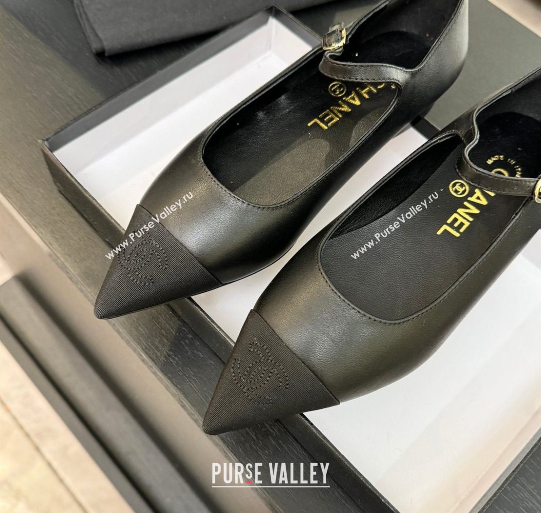 Chanel Lambskin Grosgrain Pointed Mary Janes Ballet Flats Black 2025 G46849 (MD-251103044)