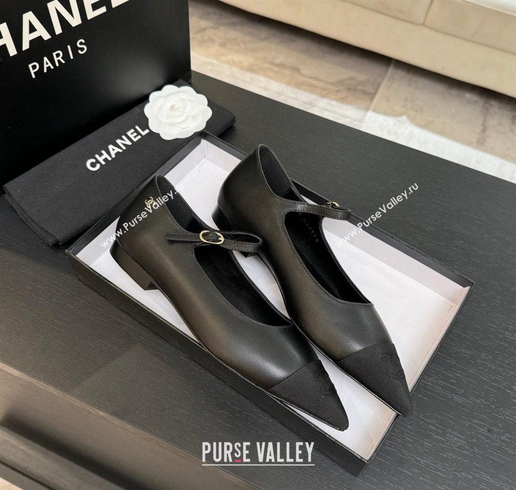 Chanel Lambskin Grosgrain Pointed Mary Janes Ballet Flats Black 2025 G46849 (MD-251103044)