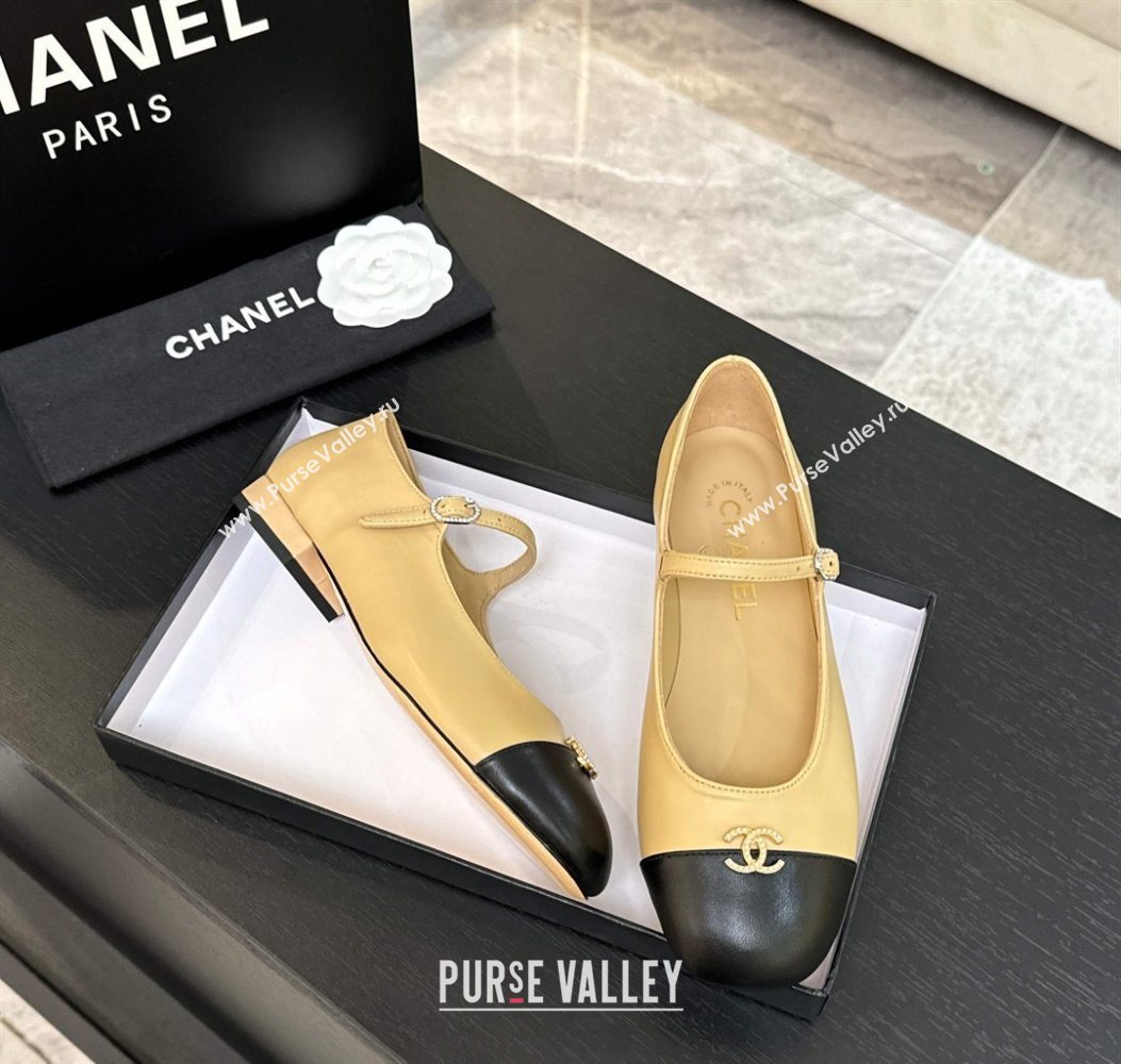 Chanel Lambskin and Calfskin Leather Mary Janes Ballets Flat with Strass CC Beige 2025 CH110301 (MD-251103009)