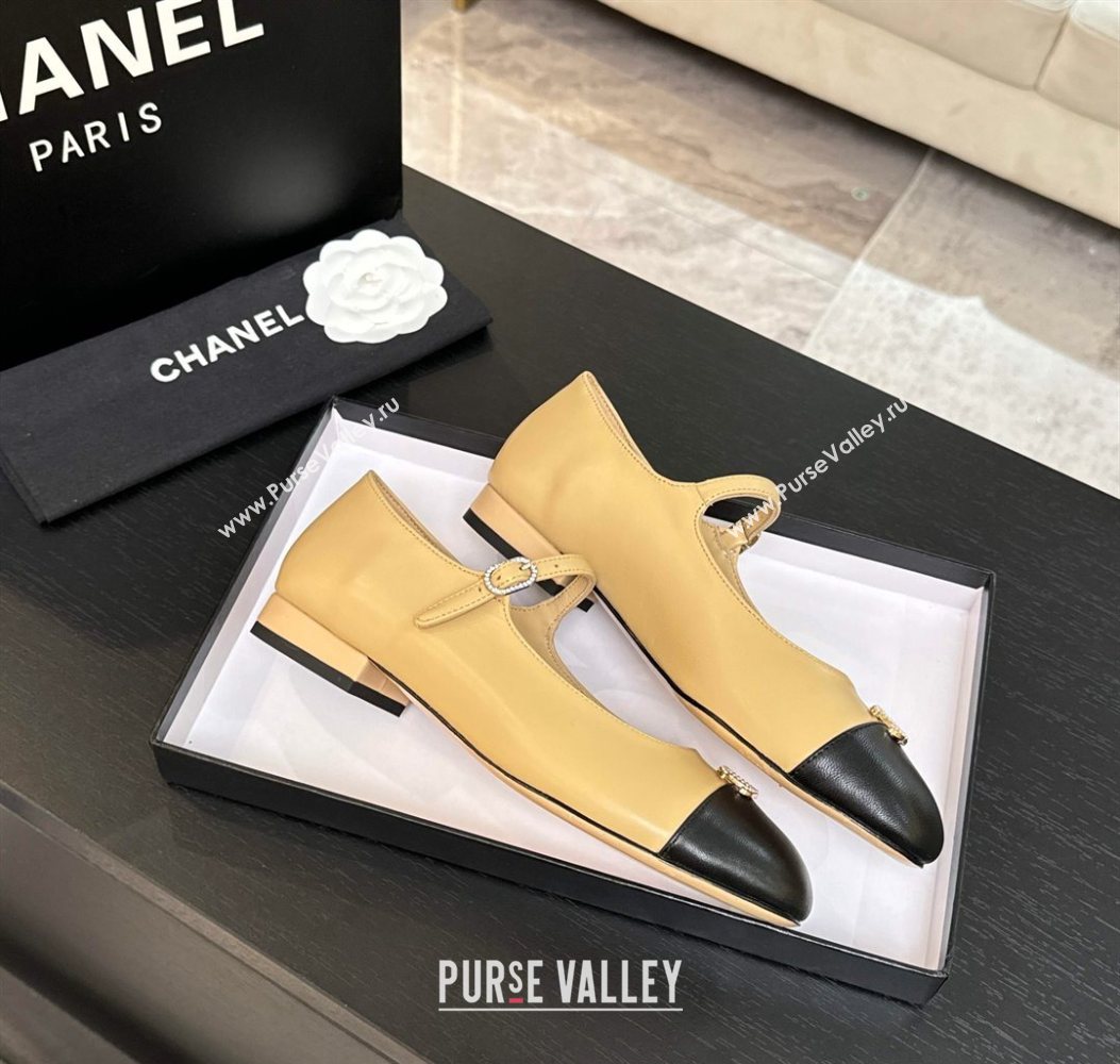 Chanel Lambskin and Calfskin Leather Mary Janes Ballets Flat with Strass CC Beige 2025 CH110301 (MD-251103009)