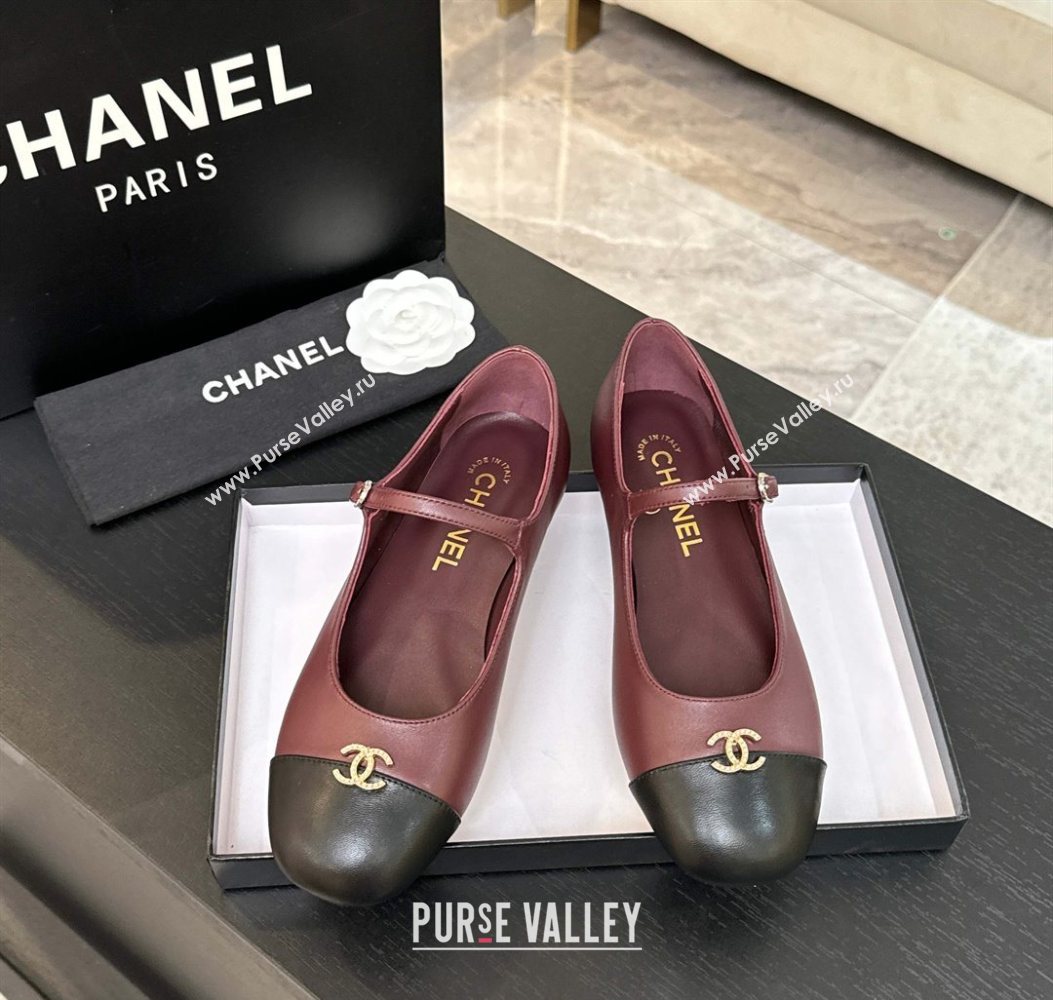 Chanel Lambskin and Calfskin Leather Mary Janes Ballets Flat with Strass CC Burgundy 2025 CH110301 (MD-251103010)