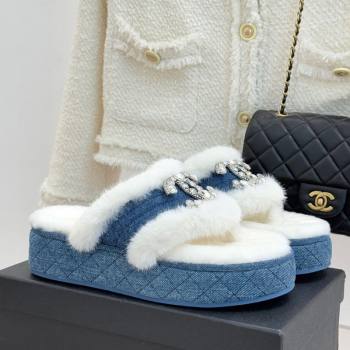Chanel Denim and Wool Platform Slides Sandal with Strass CC Blue 2025 CH110307 (MD-251103089)