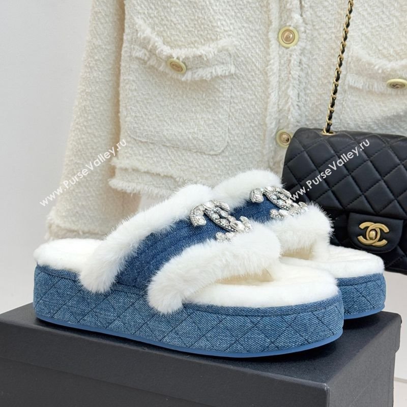 Chanel Denim and Wool Platform Slides Sandal with Strass CC Blue 2025 CH110307 (MD-251103089)