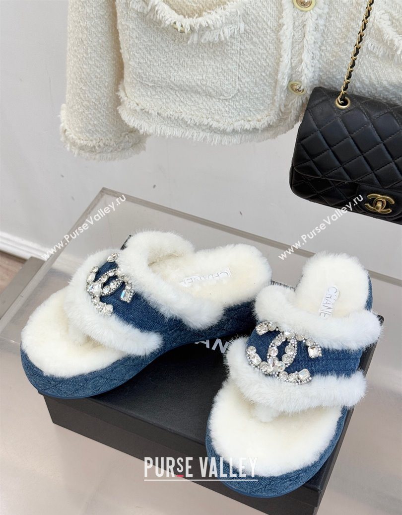 Chanel Denim and Wool Platform Slides Sandal with Strass CC Blue 2025 CH110307 (MD-251103089)
