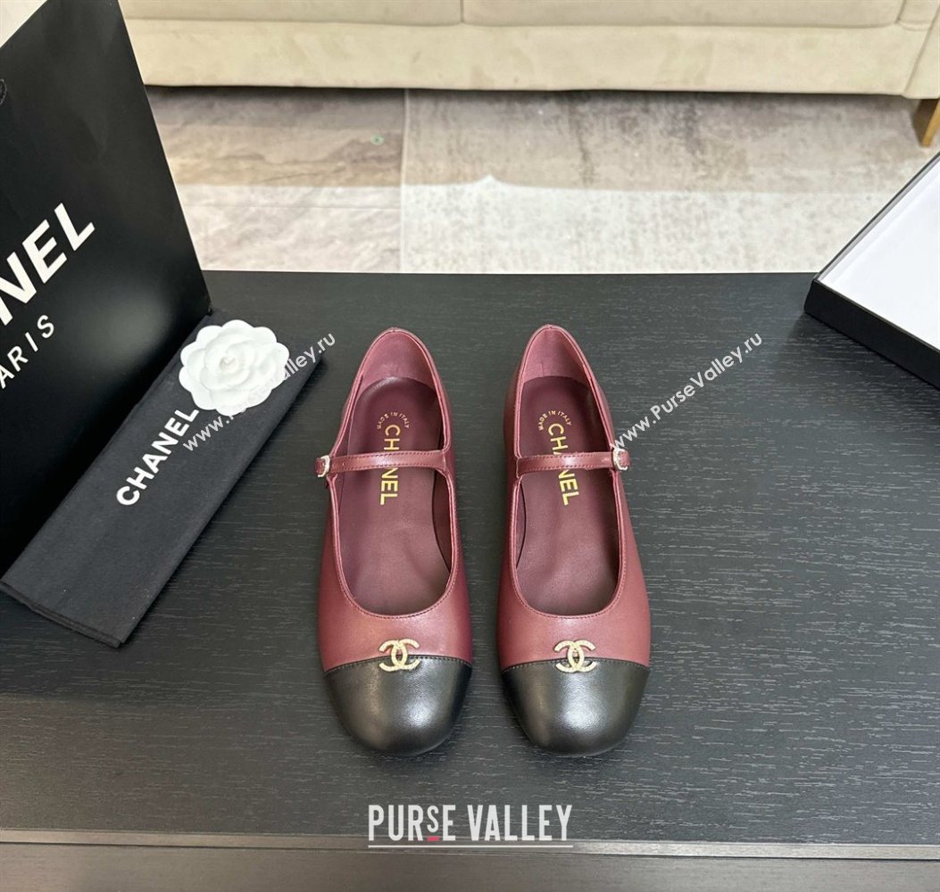 Chanel Lambskin and Calfskin Leather Mary Janes Ballets Flat with Strass CC Burgundy 2025 CH110301 (MD-251103010)
