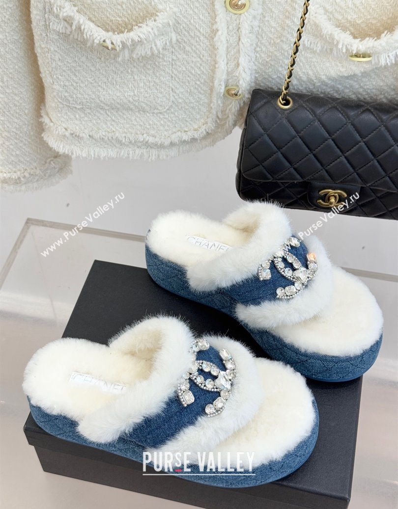 Chanel Denim and Wool Platform Slides Sandal with Strass CC Blue 2025 CH110307 (MD-251103089)