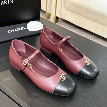 Chanel Lambskin and Calfskin Leather Mary Janes Ballets Flat with Strass CC Burgundy 2025 CH110301 (MD-251103010)