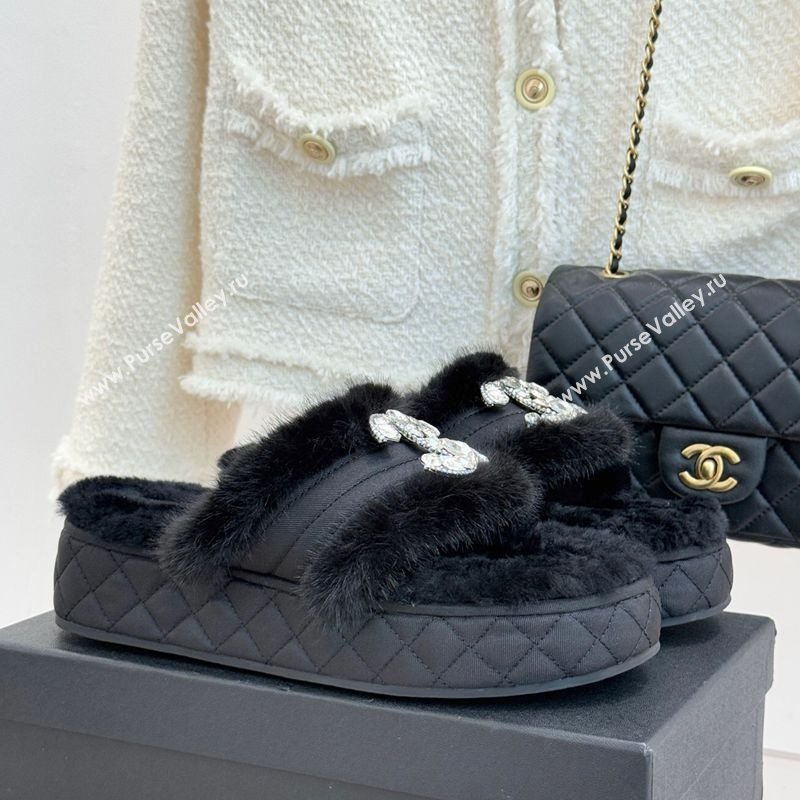 Chanel Fabric and Wool Platform Slides Sandal with Strass CC Black 2025 CH110307 (MD-251103091)