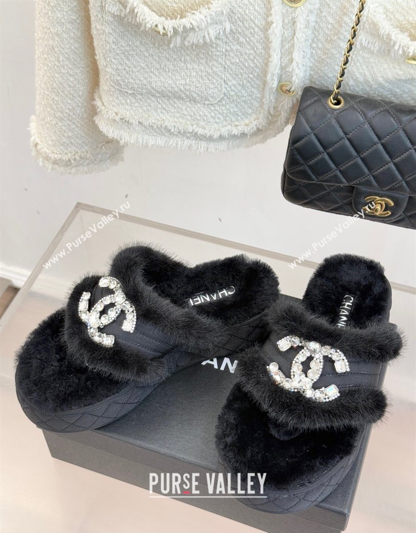 Chanel Fabric and Wool Platform Slides Sandal with Strass CC Black 2025 CH110307 (MD-251103091)