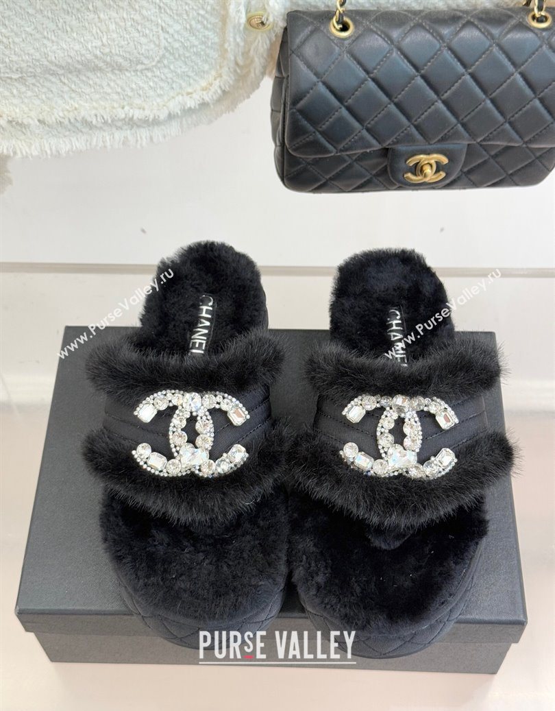 Chanel Fabric and Wool Platform Slides Sandal with Strass CC Black 2025 CH110307 (MD-251103091)