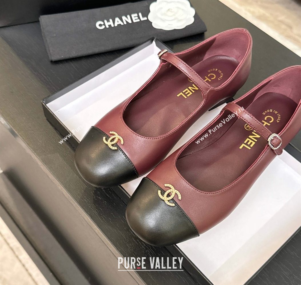 Chanel Lambskin and Calfskin Leather Mary Janes Ballets Flat with Strass CC Burgundy 2025 CH110301 (MD-251103010)