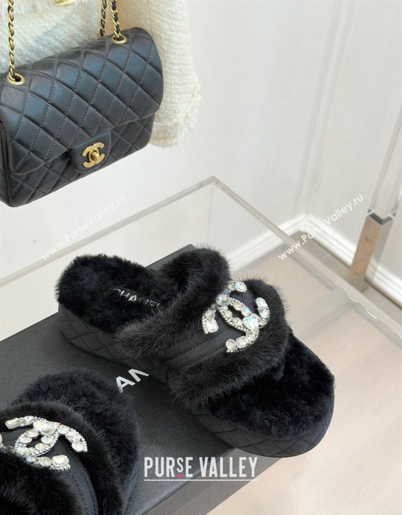 Chanel Fabric and Wool Platform Slides Sandal with Strass CC Black 2025 CH110307 (MD-251103091)