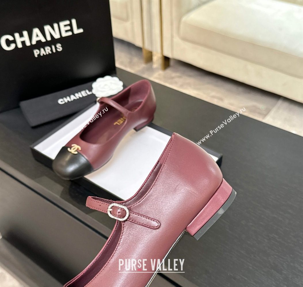 Chanel Lambskin and Calfskin Leather Mary Janes Ballets Flat with Strass CC Burgundy 2025 CH110301 (MD-251103010)