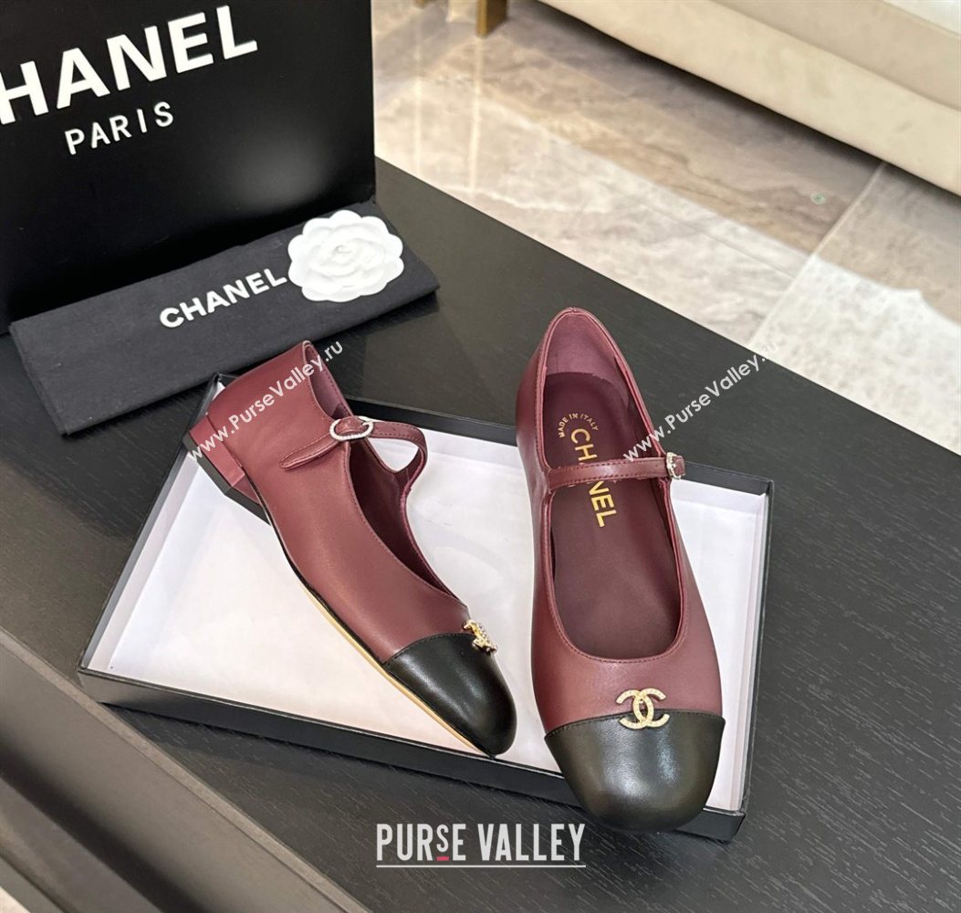 Chanel Lambskin and Calfskin Leather Mary Janes Ballets Flat with Strass CC Burgundy 2025 CH110301 (MD-251103010)