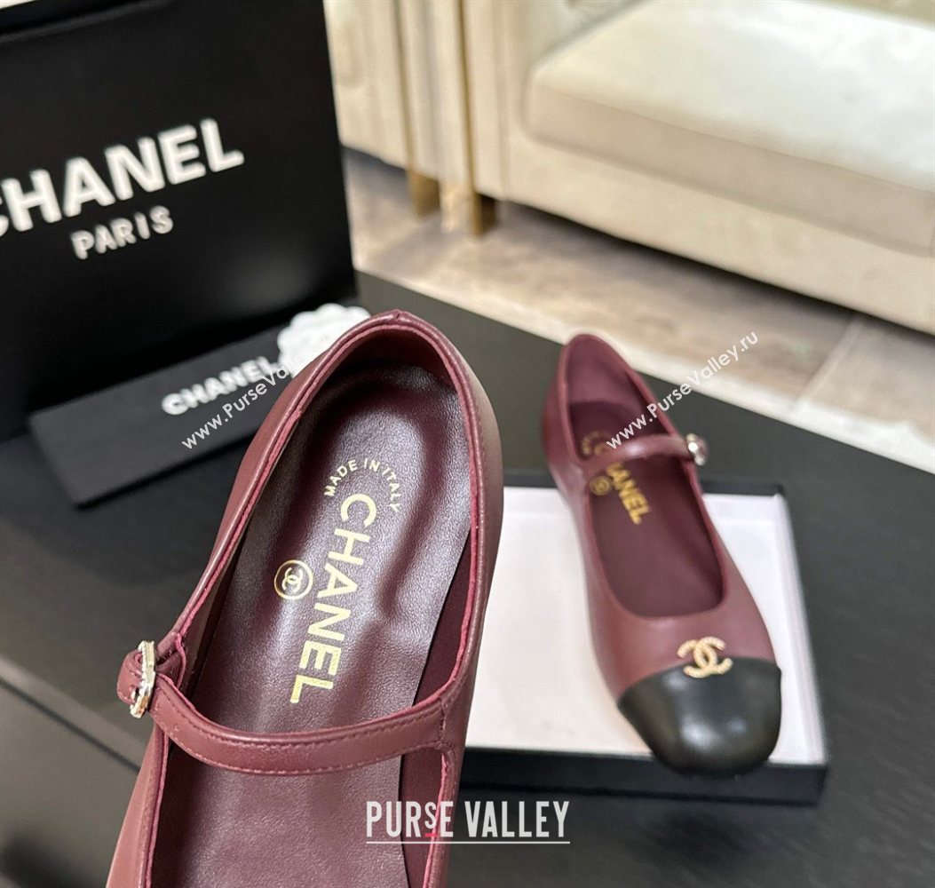 Chanel Lambskin and Calfskin Leather Mary Janes Ballets Flat with Strass CC Burgundy 2025 CH110301 (MD-251103010)