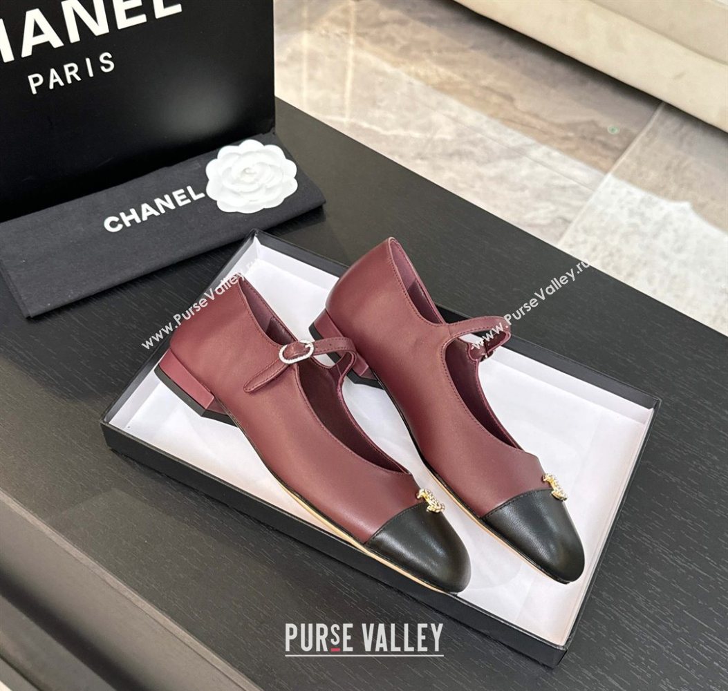 Chanel Lambskin and Calfskin Leather Mary Janes Ballets Flat with Strass CC Burgundy 2025 CH110301 (MD-251103010)