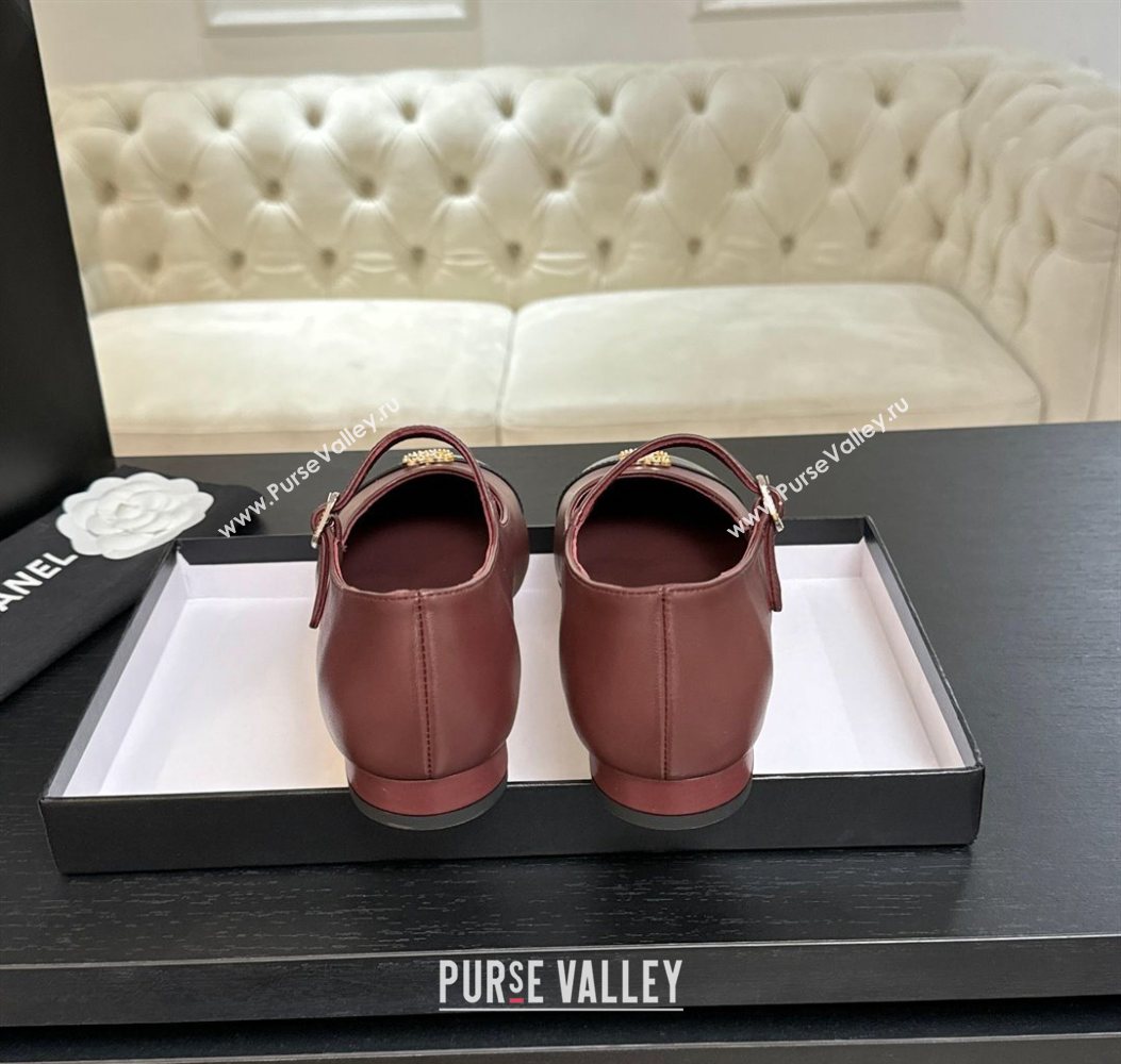 Chanel Lambskin and Calfskin Leather Mary Janes Ballets Flat with Strass CC Burgundy 2025 CH110301 (MD-251103010)