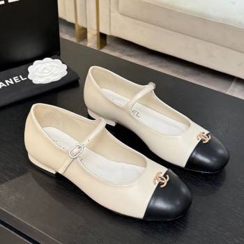 Chanel Lambskin and Calfskin Leather Mary Janes Ballets Flat with Strass CC White 2025 CH110301 (MD-251103011)