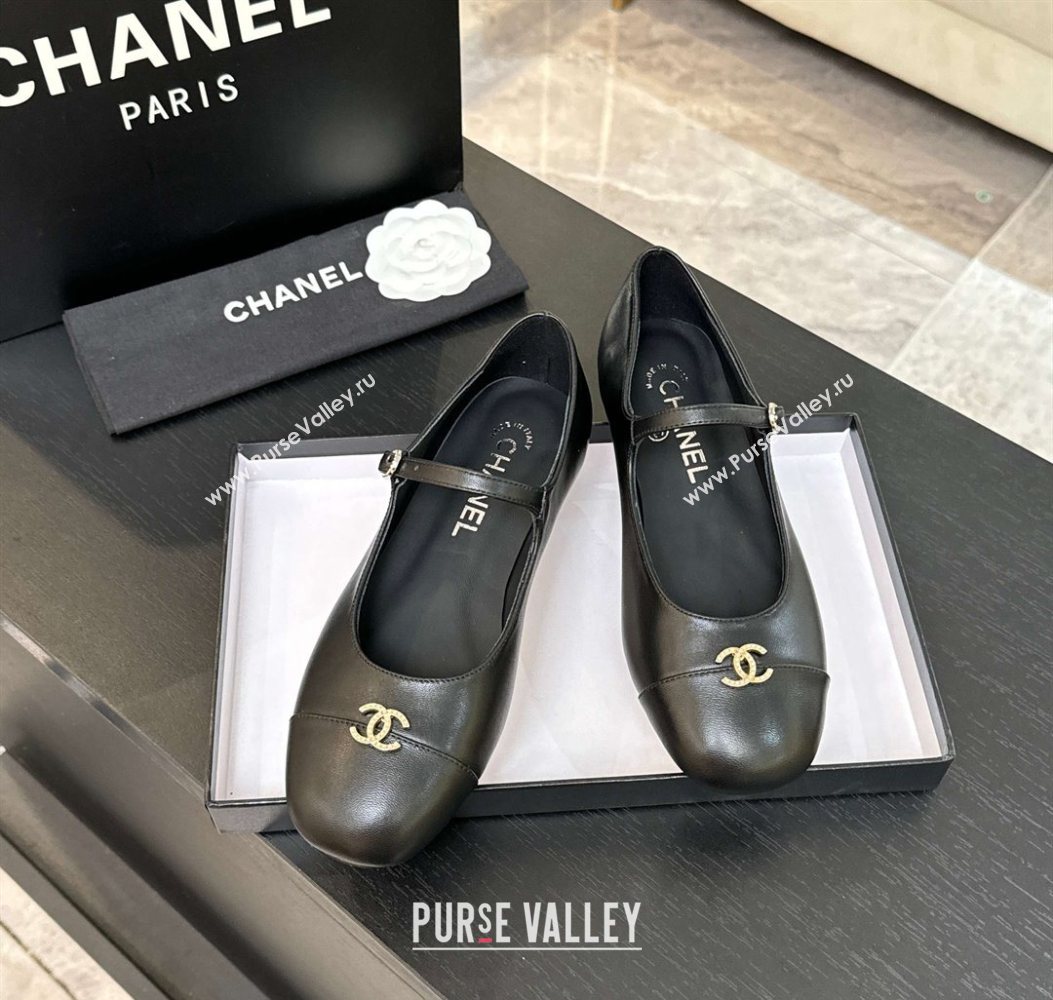 Chanel Lambskin and Calfskin Leather Mary Janes Ballets Flat with Strass CC Black 2025 CH110301 (MD-251103012)