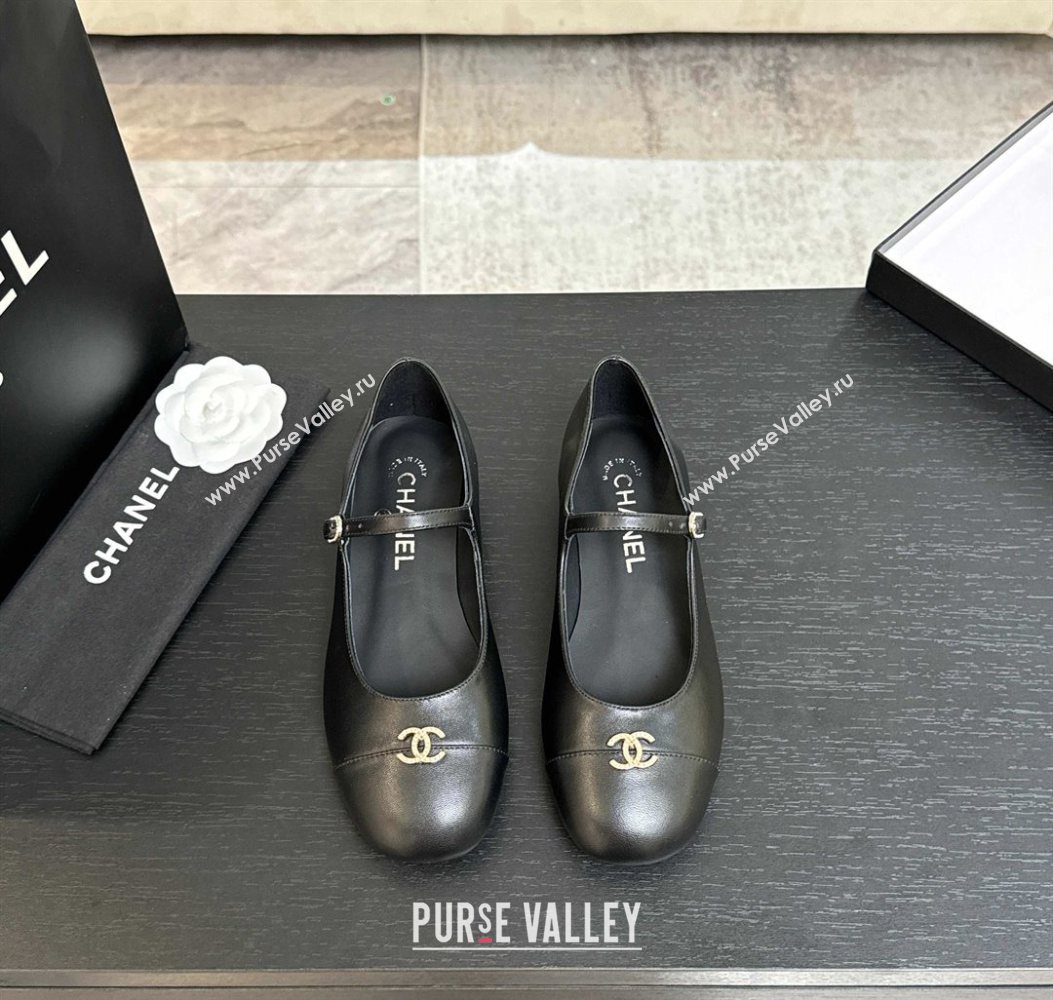Chanel Lambskin and Calfskin Leather Mary Janes Ballets Flat with Strass CC Black 2025 CH110301 (MD-251103012)