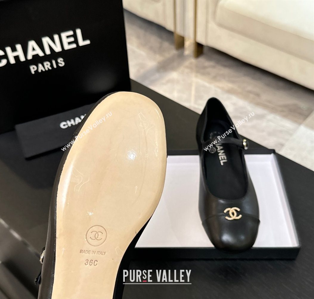 Chanel Lambskin and Calfskin Leather Mary Janes Ballets Flat with Strass CC Black 2025 CH110301 (MD-251103012)