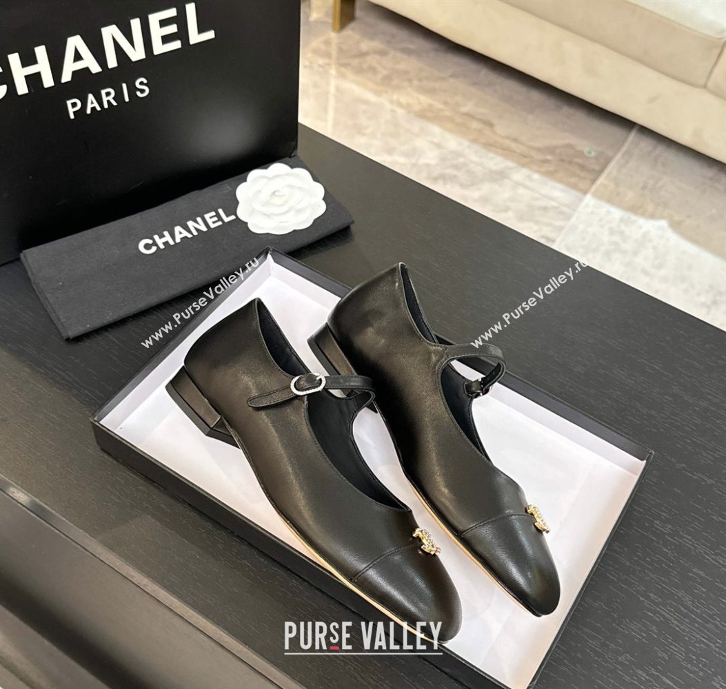 Chanel Lambskin and Calfskin Leather Mary Janes Ballets Flat with Strass CC Black 2025 CH110301 (MD-251103012)