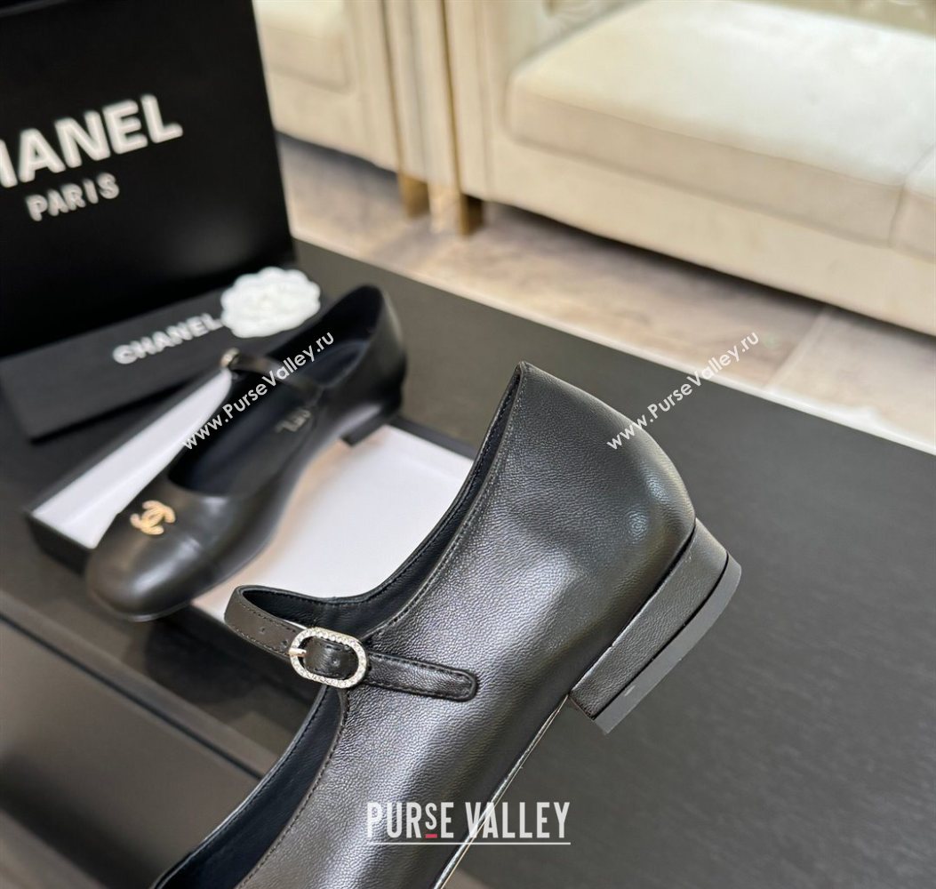 Chanel Lambskin and Calfskin Leather Mary Janes Ballets Flat with Strass CC Black 2025 CH110301 (MD-251103012)