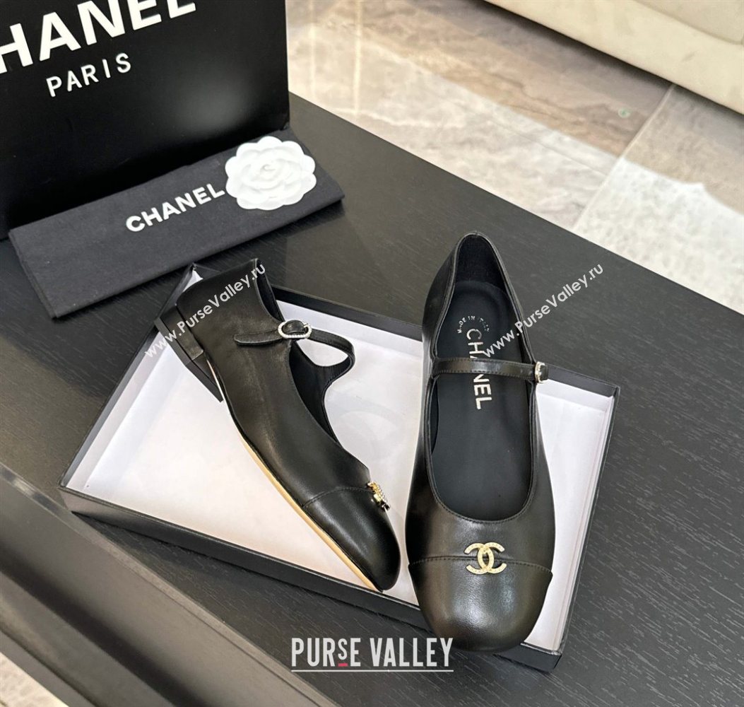 Chanel Lambskin and Calfskin Leather Mary Janes Ballets Flat with Strass CC Black 2025 CH110301 (MD-251103012)