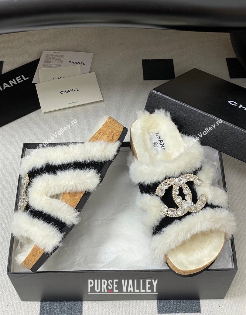 Chanel Suede and Wool Platform Slides Sandal with Strass CC Black 2025 CH110308 (MD-251103092)