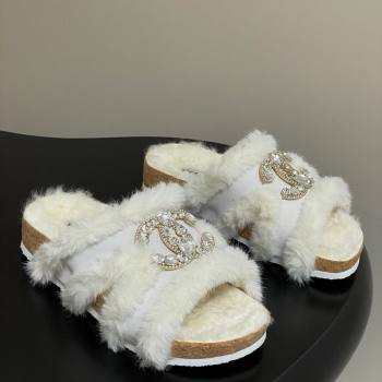 Chanel Suede and Wool Platform Slides Sandal with Strass CC White 2025 CH110308 (MD-251103093)