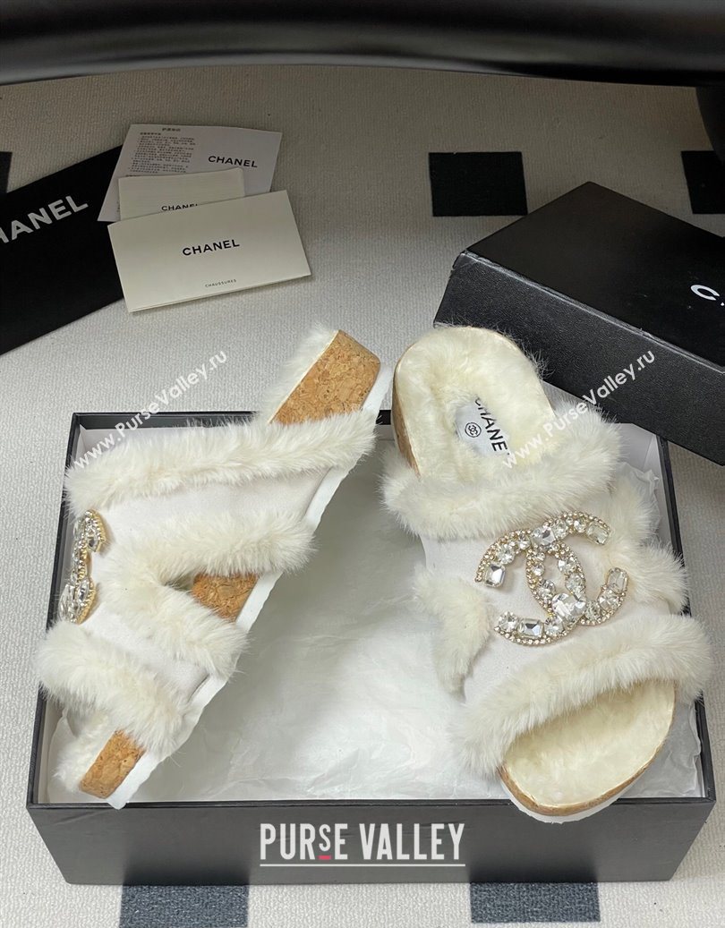 Chanel Suede and Wool Platform Slides Sandal with Strass CC White 2025 CH110308 (MD-251103093)