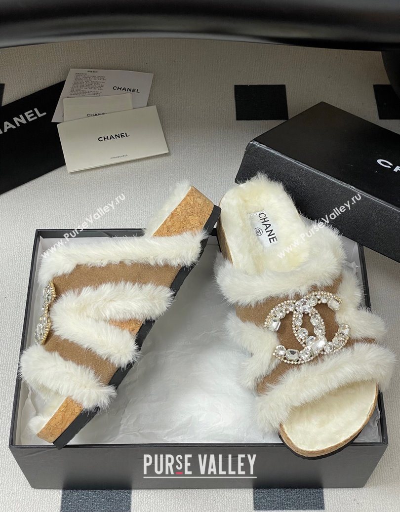 Chanel Suede and Wool Platform Slides Sandal with Strass CC Beige 2025 CH110308 (MD-251103094)