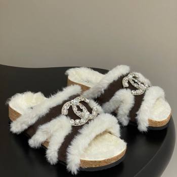 Chanel Suede and Wool Platform Slides Sandal with Strass CC Dark Brown 2025 CH110308 (MD-251103095)