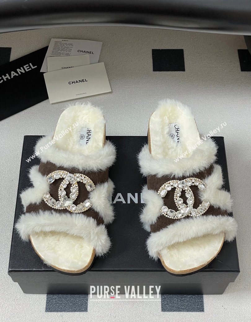 Chanel Suede and Wool Platform Slides Sandal with Strass CC Dark Brown 2025 CH110308 (MD-251103095)