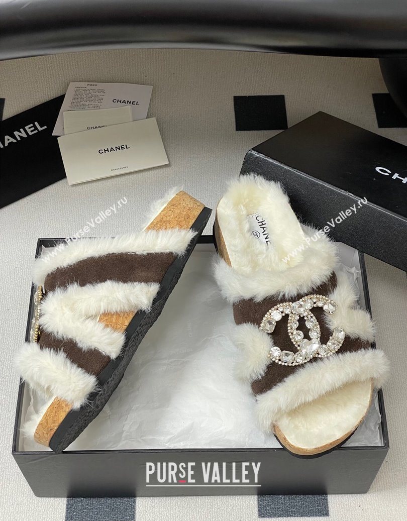 Chanel Suede and Wool Platform Slides Sandal with Strass CC Dark Brown 2025 CH110308 (MD-251103095)