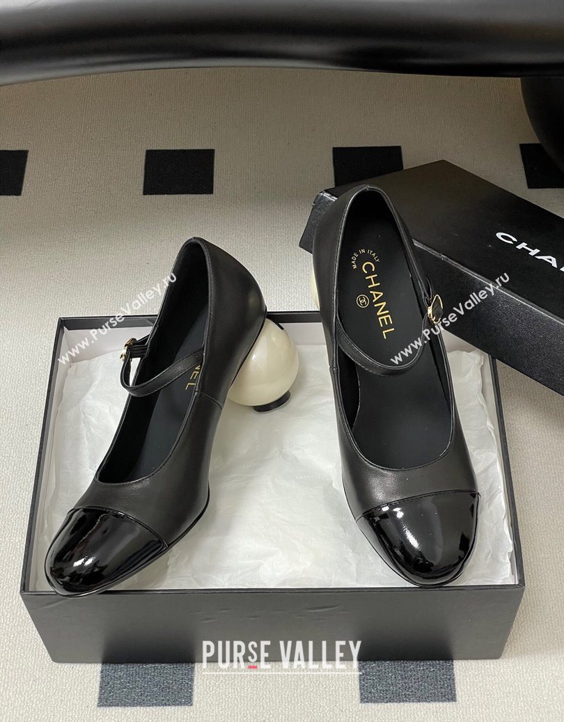 Chanel Lambskin - Patent Calfskin Pearls Mary Janes Pumps 7cm Black 2025 G46775 (MD-251103078)