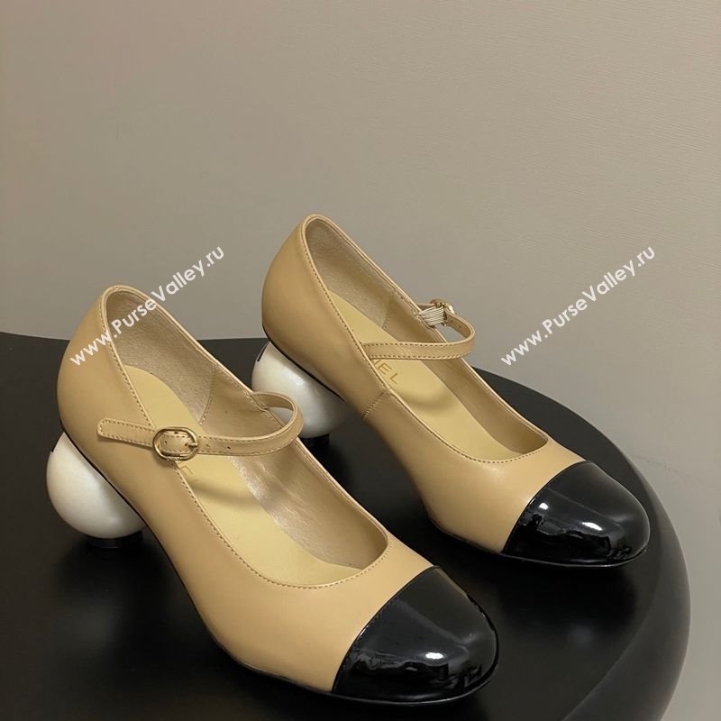 Chanel Lambskin - Patent Calfskin Pearls Mary Janes Pumps 7cm Beige 2025 G46775 (MD-251103080)