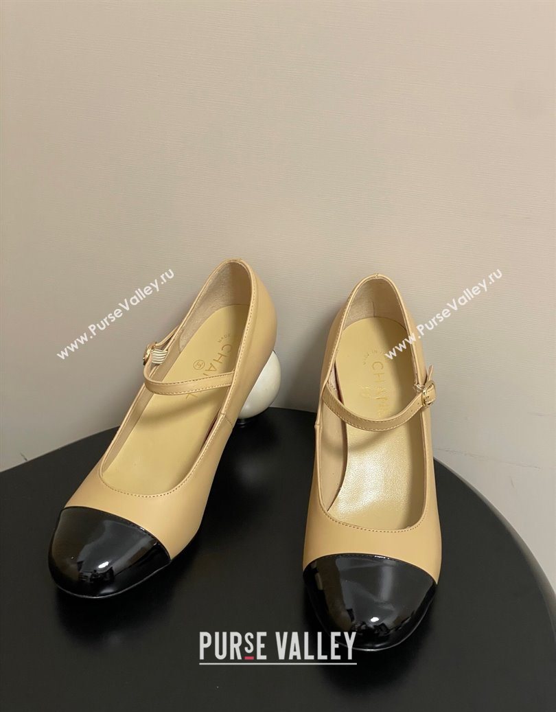 Chanel Lambskin - Patent Calfskin Pearls Mary Janes Pumps 7cm Beige 2025 G46775 (MD-251103080)