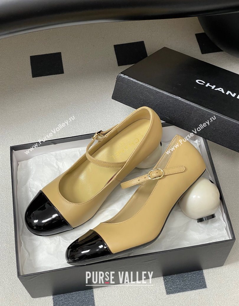 Chanel Lambskin - Patent Calfskin Pearls Mary Janes Pumps 7cm Beige 2025 G46775 (MD-251103080)